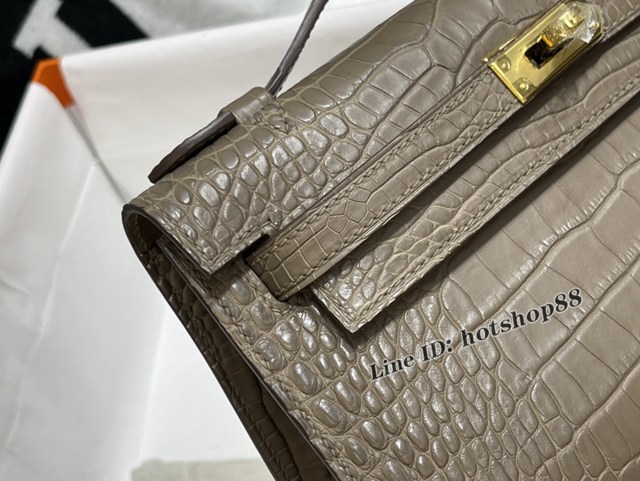 Hermes專櫃經典款凱莉mini手提女包 愛馬仕Kelly一代22CM霧面美洲鱷大象灰金扣純手工包 zhh1139